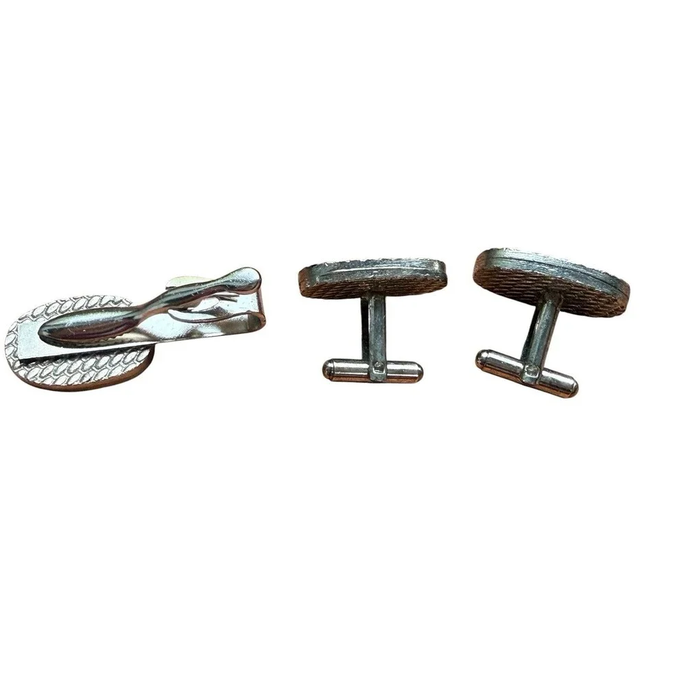 Vintage Gondola Cufflinks Tie Clip Set Black Silver Tone Venetian